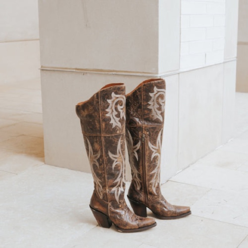 Dan Post Jilted Over the Knee Brown and Cream Western Cowboy Boots